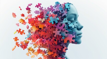 Profile of a woman's face integrated with colorful puzzle pieces symbolizing mental complexity and creativity, visually representing the connection between human thoughts and artistic expression