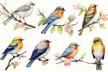 Collection of hand-painted watercolor birds perched on flowering branches, isolated on white