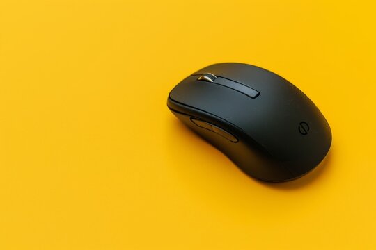 Black wireless computer mouse against yellow background