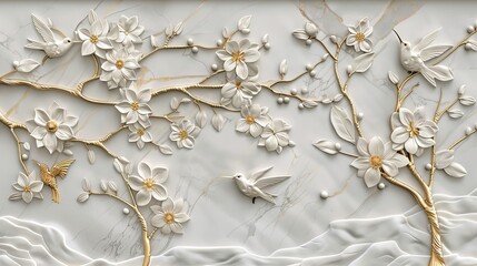 White flowers and birds in a delicate 3D design on a white background