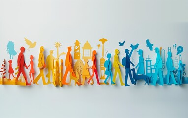 Colorful paper cutouts of people and animals walking in a line creating a playful and artistic scene on a white background
