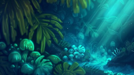 Fototapeta premium Glowing mushrooms light up a dark forest, their beautiful colors creating a magical scene. Perfect for a fantasy setting or a border design.