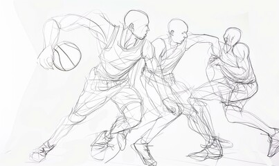 Fototapeta premium A dynamic one-line drawing of three basketball players in action.