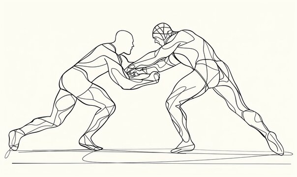 recommend clip art: One line drawing of two wrestlers engaging in a match on a white background.