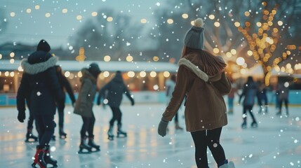 Enjoying winter fun on the ice skating rink during a snowy evening in the city park