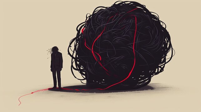A silhouette of a man stands in front of a tangled red and black ball of yarn. Concept of overwhelming chaos, confusion, depression or heavy thoughts. Design for card, cover, brochure or presentation.