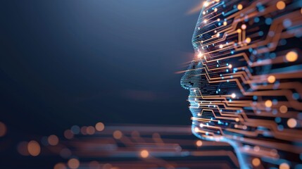 A profile of a digital human head, constructed of glowing circuitry against a dark blue background