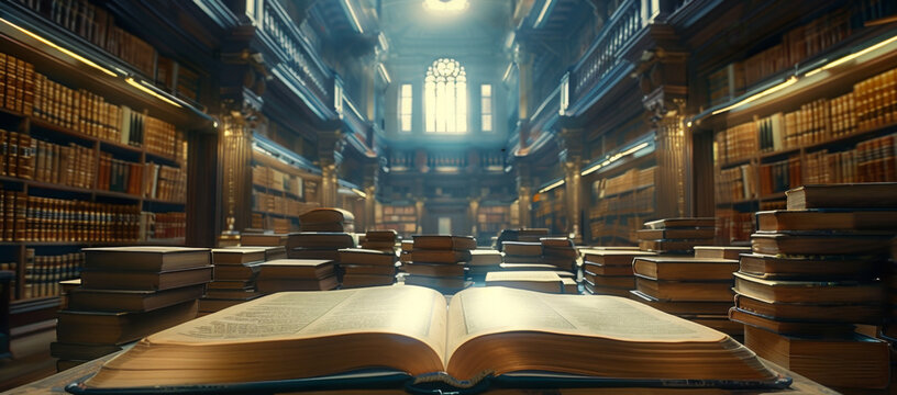 Close up open book in a library room of high school blur background. 