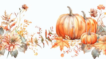 Naklejka premium Autumn Watercolor with Pumpkins and Flowers - A watercolor painting of pumpkins with autumn leaves and flowers - A watercolor painting of pumpkins with autumn leaves and flowers
