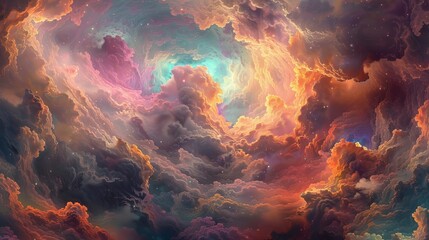 Colorful cosmic clouds swirl in the night sky above a distant galaxy filled with stars and nebulae