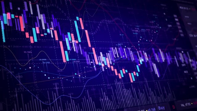 Investment stock market blue Trading platform screen HUD. Stock chart, candles, index data pattern.2