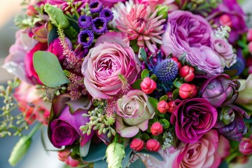Close up of a colorful wedding bouquet with roses, peonies and eucalyptus blooming