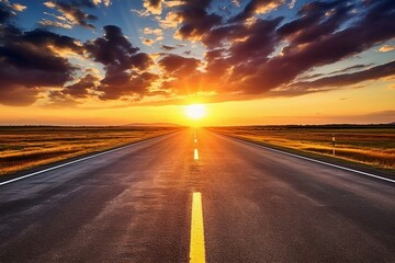 Naklejka premium Long Road in Desert at Dusk Featuring Dramatic Sky and Colorful Sunset Horizon. Generative AI