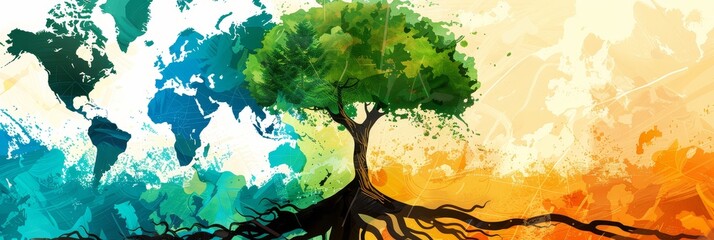 Tree of Life and the World - A colorful illustration featuring a tree with roots spreading across a world map. It symbolizes the connection and interdependence of life on our planet. - A colorful illu