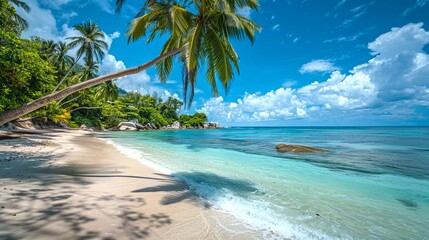 Tropical beach scene with swaying palm tree and pristine white sand. Idyllic seascape with clear blue sea under a vibrant sky. Perfect for travel inspiration and summer vacation concepts. AI