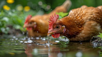 A close-up photograph capturing a vibrant red and brown chicken quenching its thirst by drinking from a puddle.