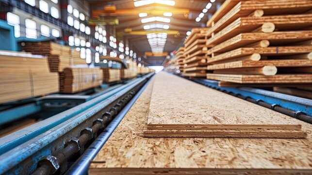 Workshop for the production of fiberboard, particleboard, LDF or MDF.  Veneered Chipboard. Illustration for banner, poster, cover, brochure or presentation.