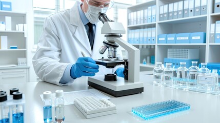Fototapeta premium A scientist wearing safety goggles and gloves leans over a microscope, examining a sample