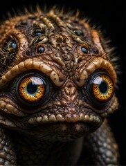 Fototapeta premium Close-up of a fictional creature with large, orange eyes. AI.