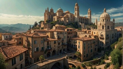 Obraz premium A beautiful cityscape of an ancient European city with a large cathedral. AI.