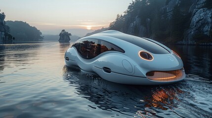 A futuristic white amphibious vehicle with a large windshield and a sleek design glides across the calm surface of a lake at sunset.