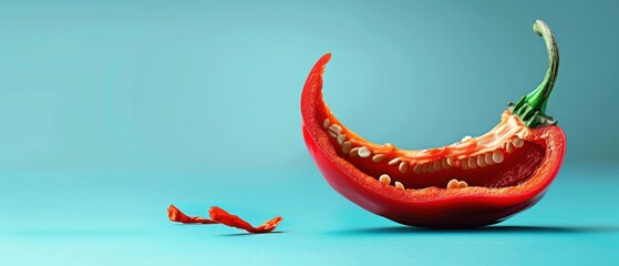 Obraz premium Red chili pepper cut in half on a blue background. AI.