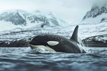 Fototapeta premium Single Orca Breaches in the Cold Waters of the Arctic