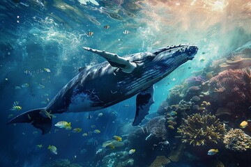 Fototapeta premium Humpback Whale Swimming Through a Coral Reef in the Tropical Ocean