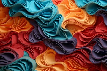 Abstract pattern featuring curving layers of colorful paper creating a dynamic texture
