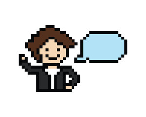 Fototapeta premium Cute pixel cartoon 8bit character man with chat blank decoration 8 bit male boysay speak discuss idea chat box cartoon pixel game png vector.