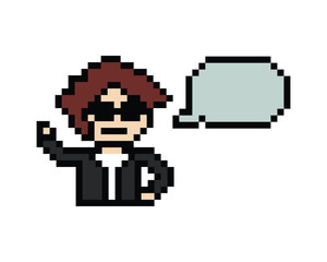 Fototapeta premium Cute pixel cartoon 8bit character man with chat blank decoration 8 bit male boy say speak discuss idea chat box cartoon pixel game png vector.