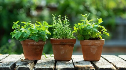 Fototapeta premium Three tasty herbs—lemon balm, rosemary, and mint—arranged in a country-style setting.