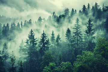 Fototapeta premium Enchanting Misty Forest Landscape for Tranquil Nature Background and Nature-Themed Design Project