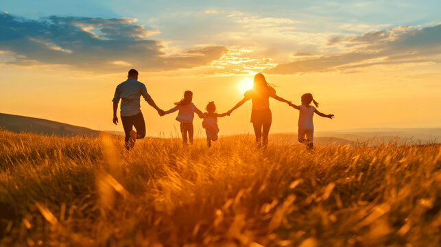 Happy family of five holding hands and walking through a golden field at sunset
