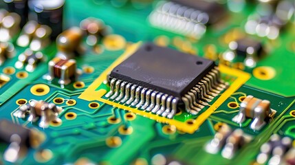 Electronic circuit board or scheme close up. The modern printed-circuit board with electronic components. Abstract technology background.  Illustration for banner, cover, brochure or presentation.