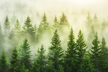 Obraz premium Enchanting Misty Forest Landscape for Tranquil Nature Background and Nature-Themed Design Project