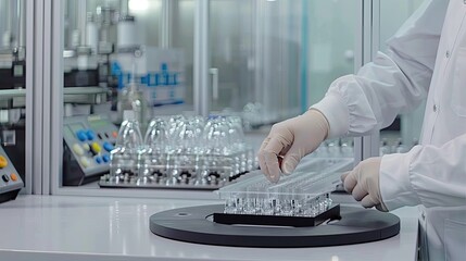 A gloved technician carefully handles a tray of small electronic components in a clean room setting