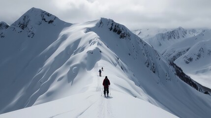 Skiers and snowboarders descend a snowy mountain ridge in Alaska