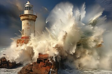 Lighthouse stands resilient against a massive wave crashing onto rocky shores under a dramatic sky