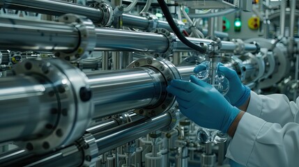 Fototapeta premium A worker wearing blue gloves carefully inspects the intricate machinery in a factory setting