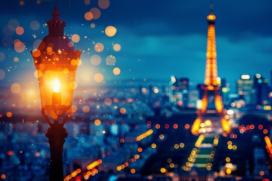 Illuminated flame with a blurred, lit up Eiffel Tower and Paris skyline in the background, captured during the evening. AI generated.