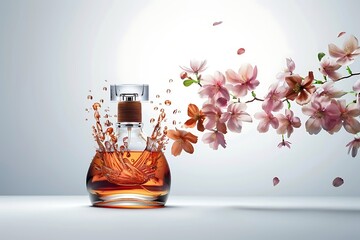 A bottle of fine perfume with a burst of floral scents visualized