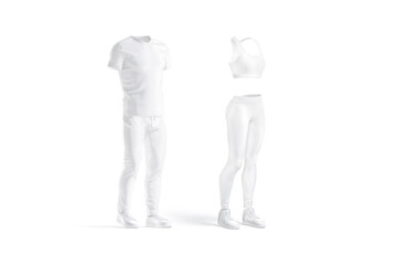 Blank white men and women sport uniform mockup, side view
