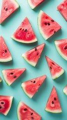 Watermelon slices arranged on a blue background