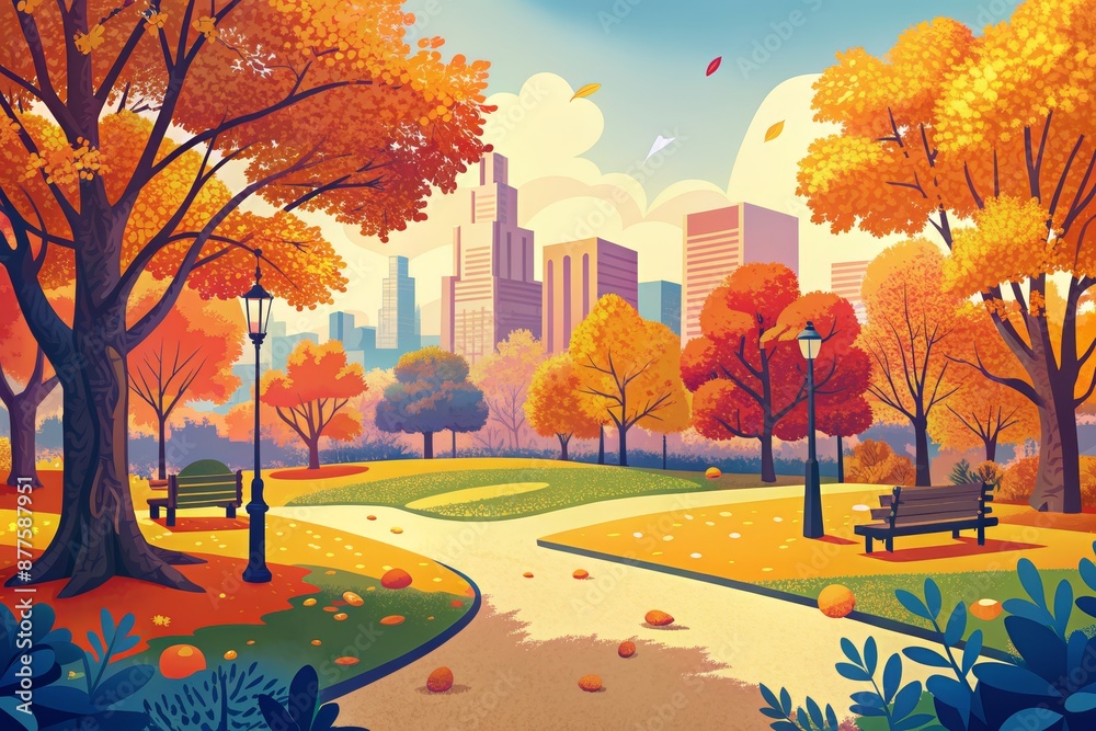 Wall mural A serene autumn stroll through city park