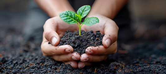 palms hold fertile soil from which a young plant sprouts