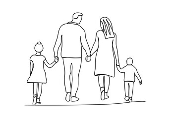 Happy family walks together. One line drawing vector illustration.