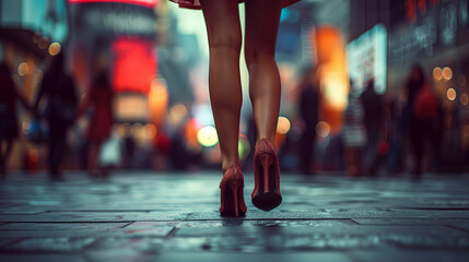 Fototapeta premium Generative AI. A girl walks down the street, shod in elegant stilettos. In the background, lively crowds of people in shopping malls are depicted