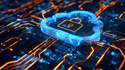 a blue orange safe secure online web cloud storage on a circuit board with a safety padlock icon. server network system database. wallpaper background texture for ads web design and print.