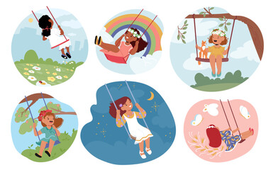 Children Enjoying Swings In Various Environments, Depicting Joy And Freedom. Vector Scenes Include Nature, Rainbow